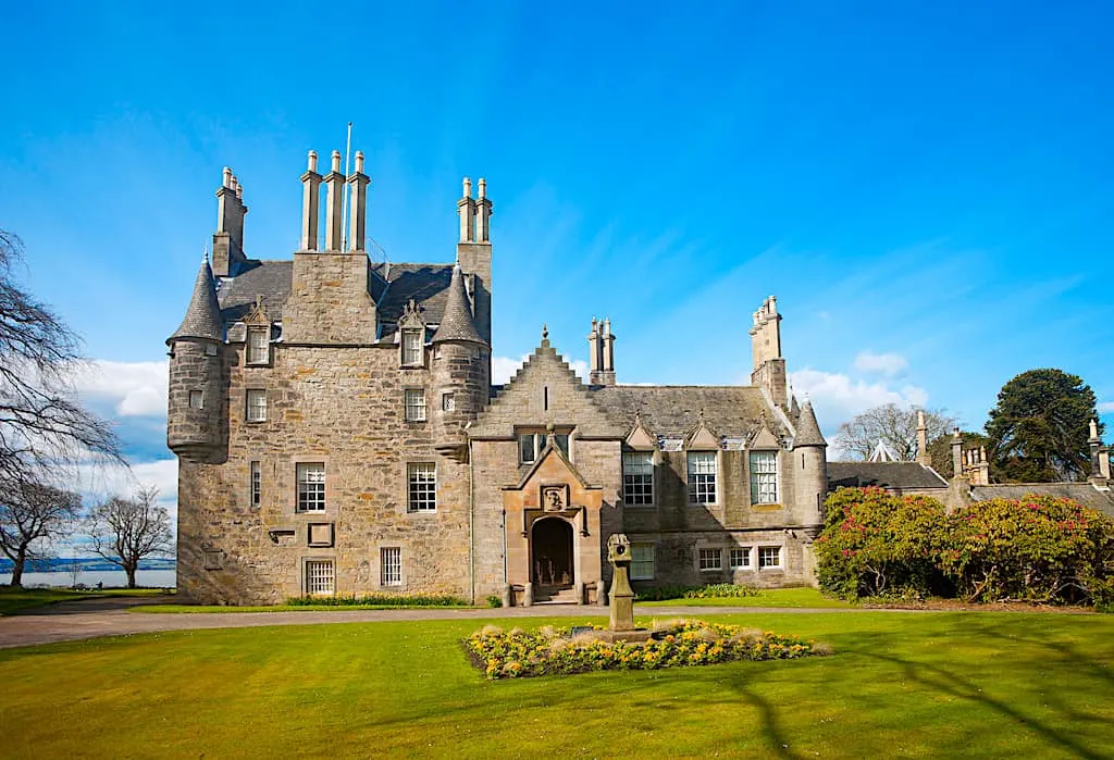 A front view of the sprawling grounds of Lauriston Castle near Edinburgh. 
