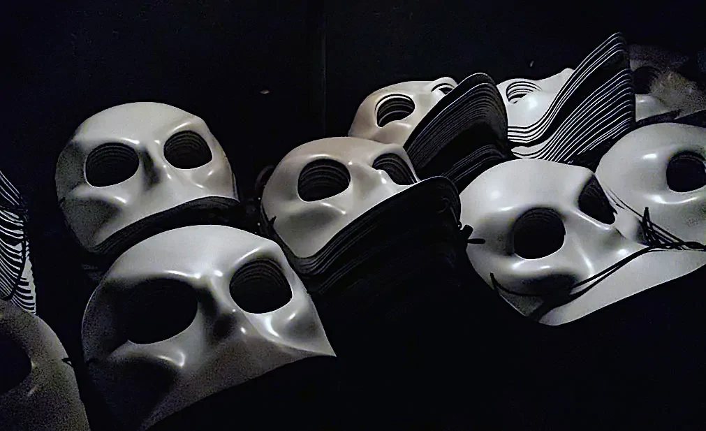 The white masks used in Sleep No More/ One of the many fun and unusual things to do in NYC at night.