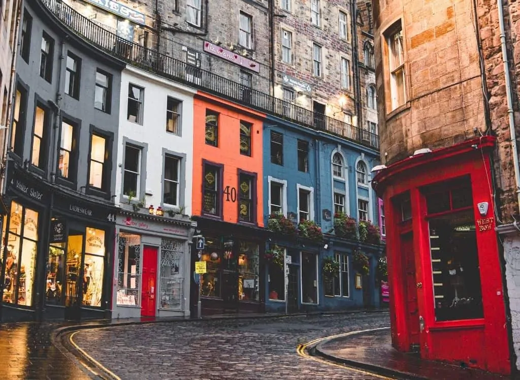 The array of colorful shops that line the streets of Victoria Street in Edinburgh. 