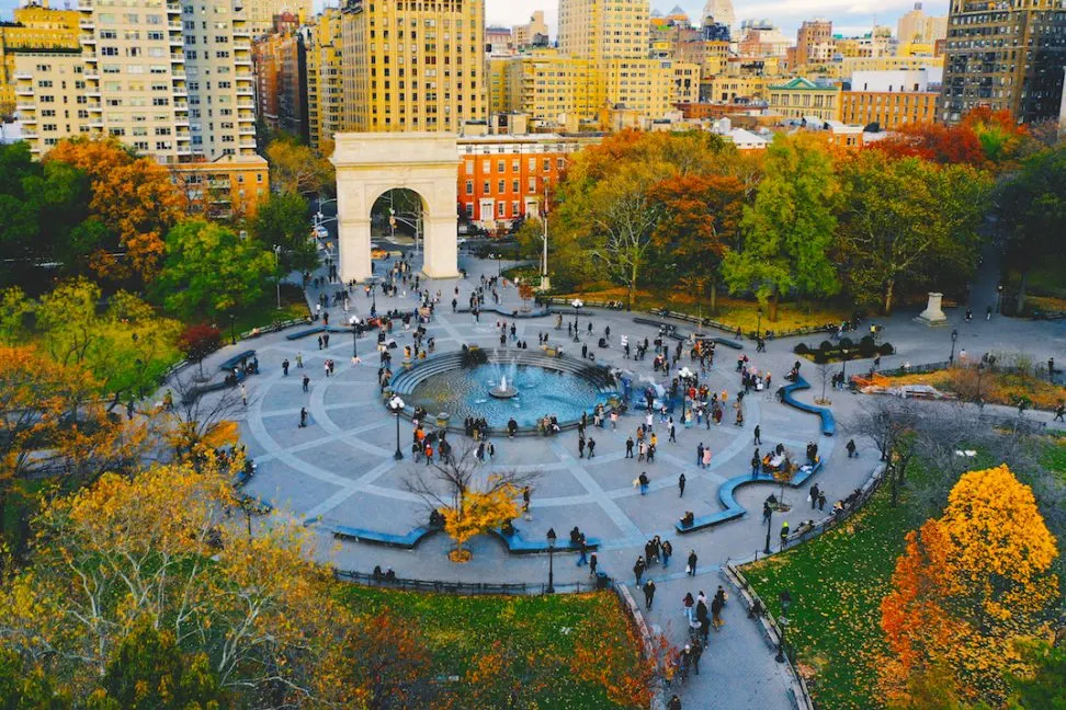 An aerial view of Washington Square Park and the Stanford White Arch. 