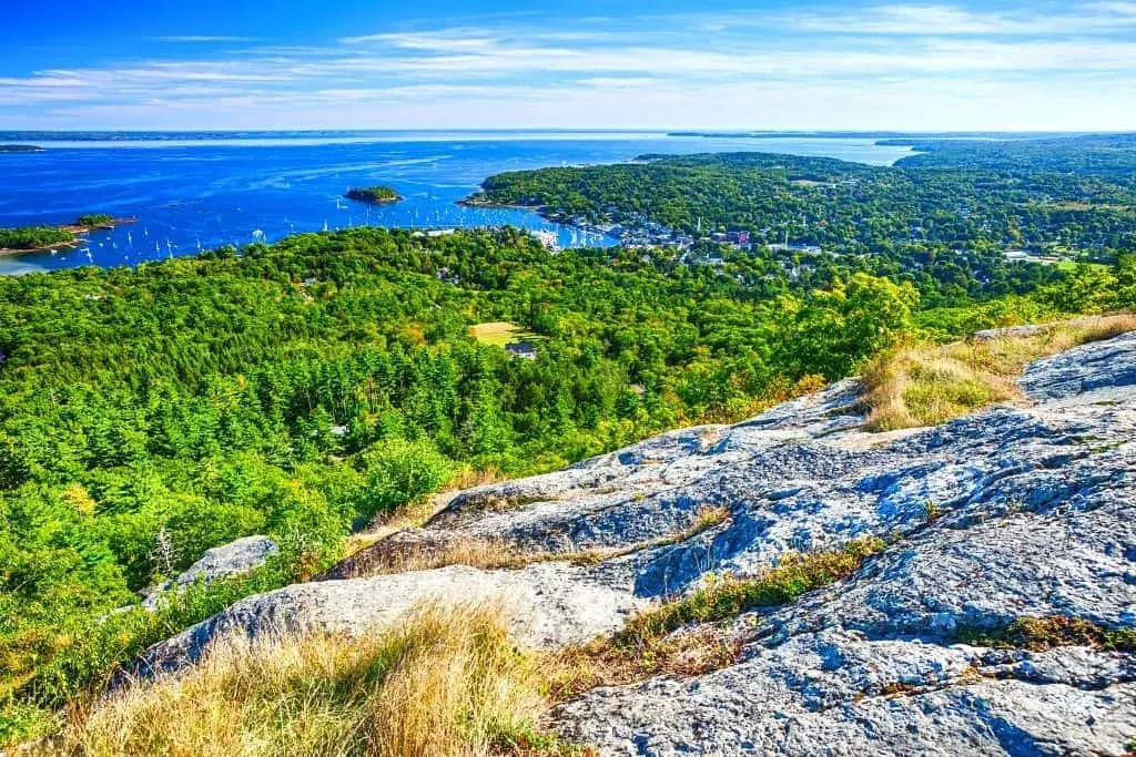 An aerial view of Camden, Maine from a nearby mountain. 