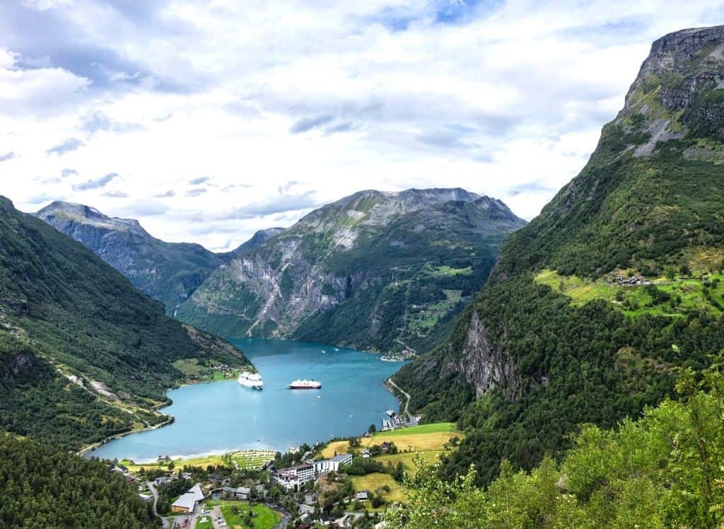 An aerial view of cruise ships inside Geirangerfjord in Norway. 