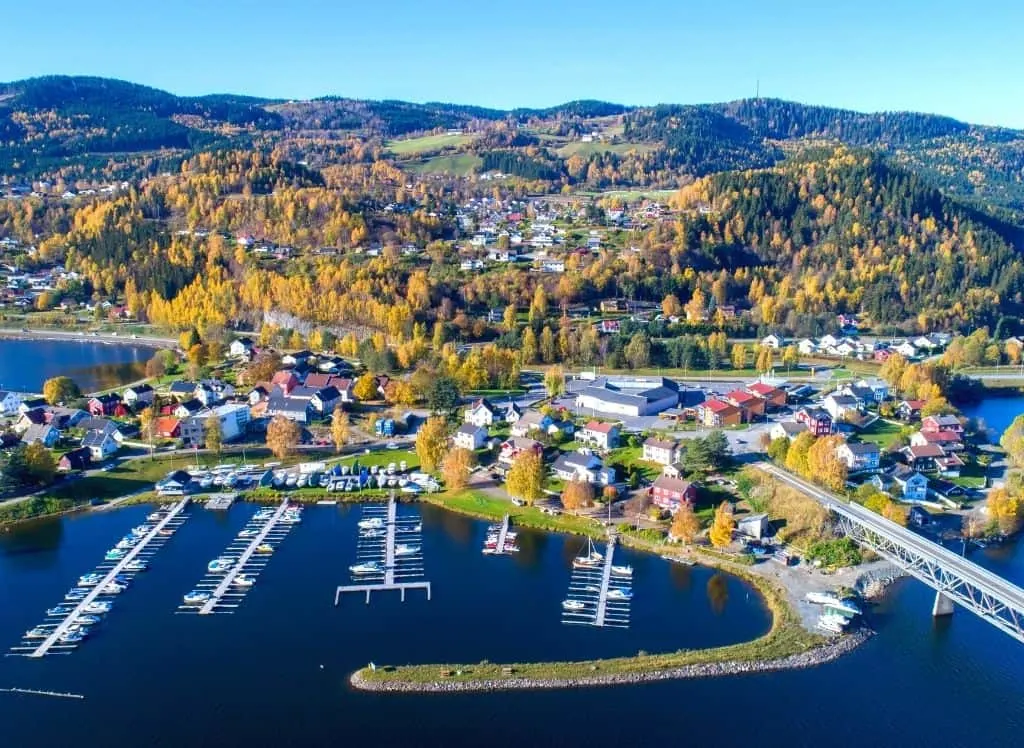 An aerial view of Lillehammer, Norway in the summer. 