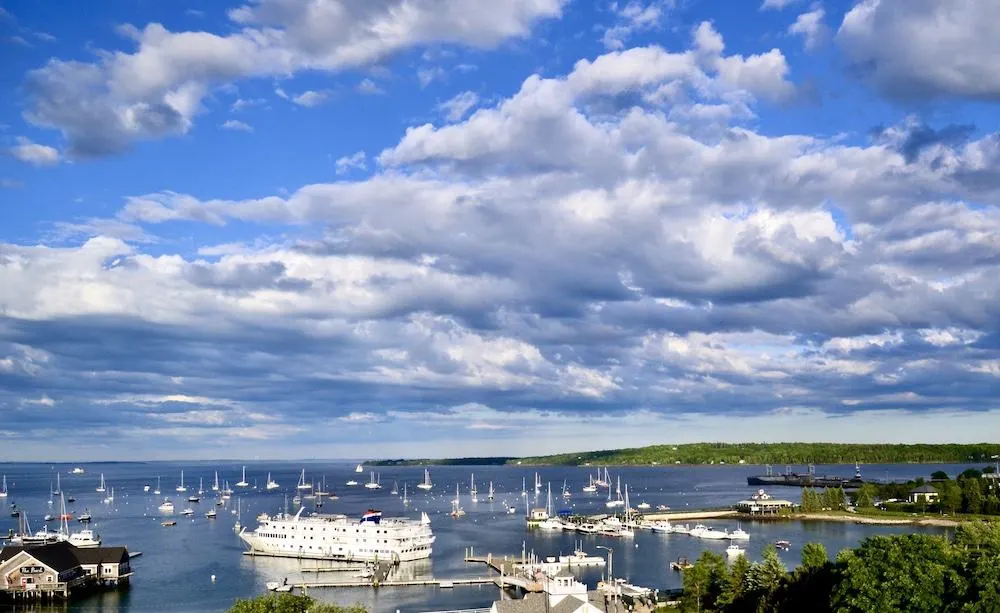 An aerial of the ships that dot the harbor in Rockland, Maine. 