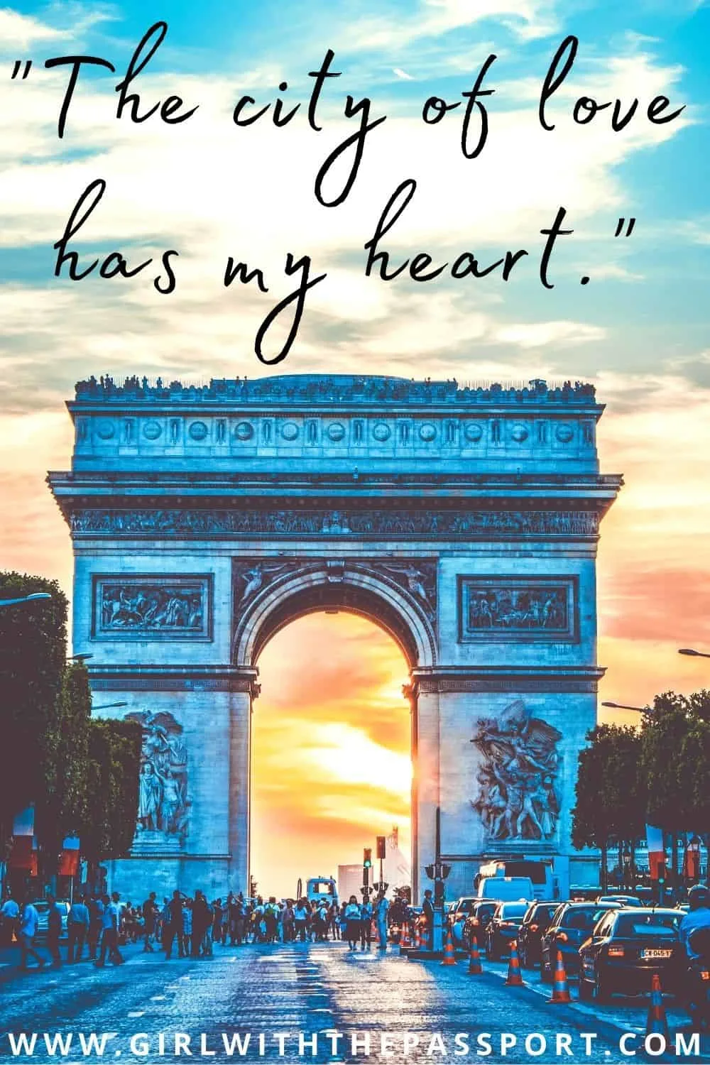 Paris captions for Instagram with the Arc the Triomphe and the setting sun in the background.