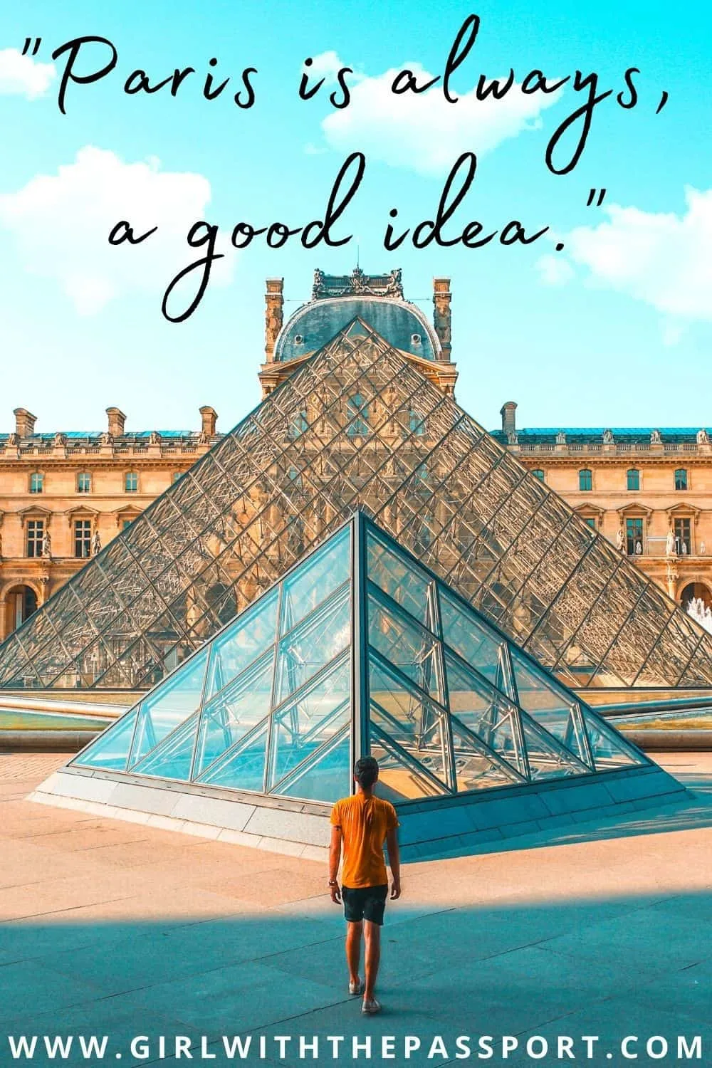 Quotes about Paris with a young boy standing in front of the glass pyramids of the Louvre.