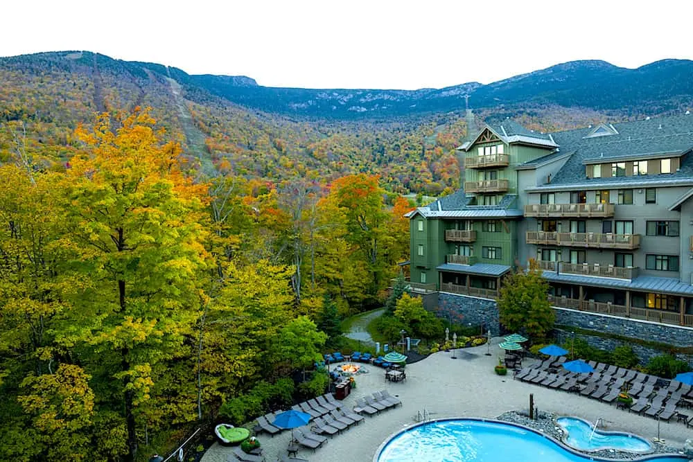Beautiful views of fall foliage from the Lodge at Spruce Peak in Stowe, Vermont. 
