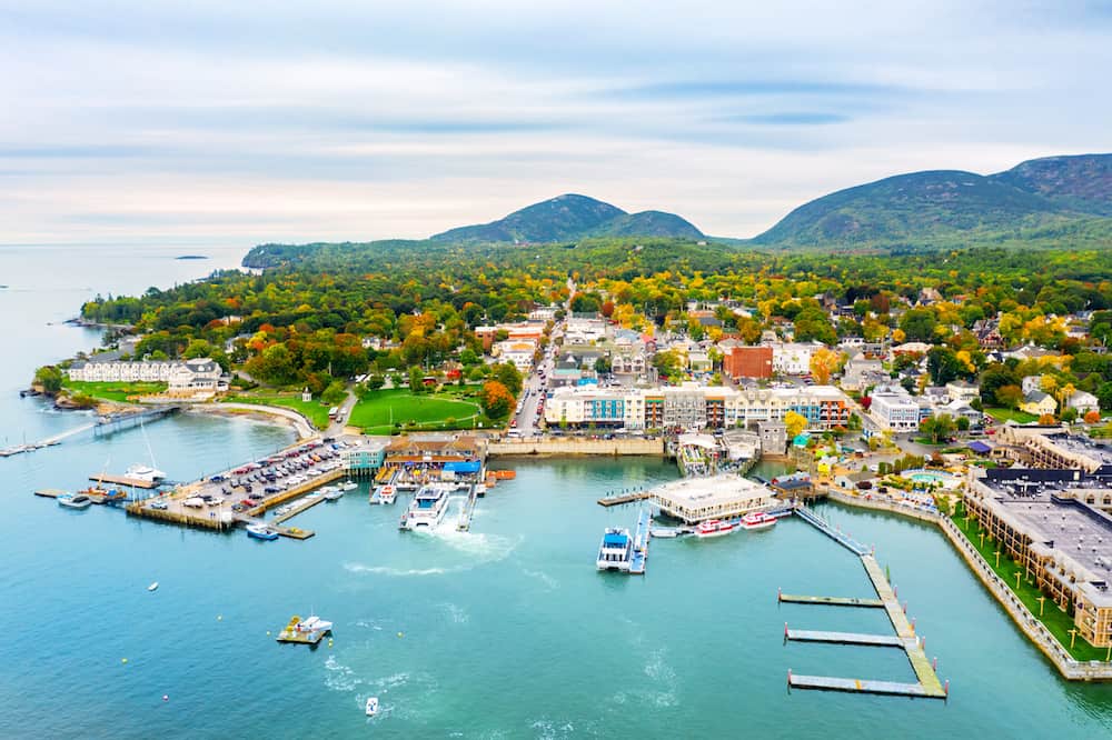 Aerial view of bar harbor which is one of the best stops on your road trip to Maine.