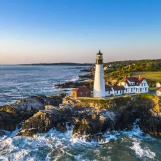 An aerial view of Portland Head Light, one of the best lighthouses in Portland Maine.