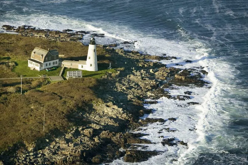 Aerial view of Wood Island Lighthouse south of Portland Maine. 
