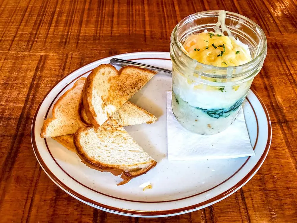 This is brunch at CBG. I ordered the Coddled Eggs which is poached eggs, creamed spinach, truffled potatoes, cheese, and a side of toast. Too good.
