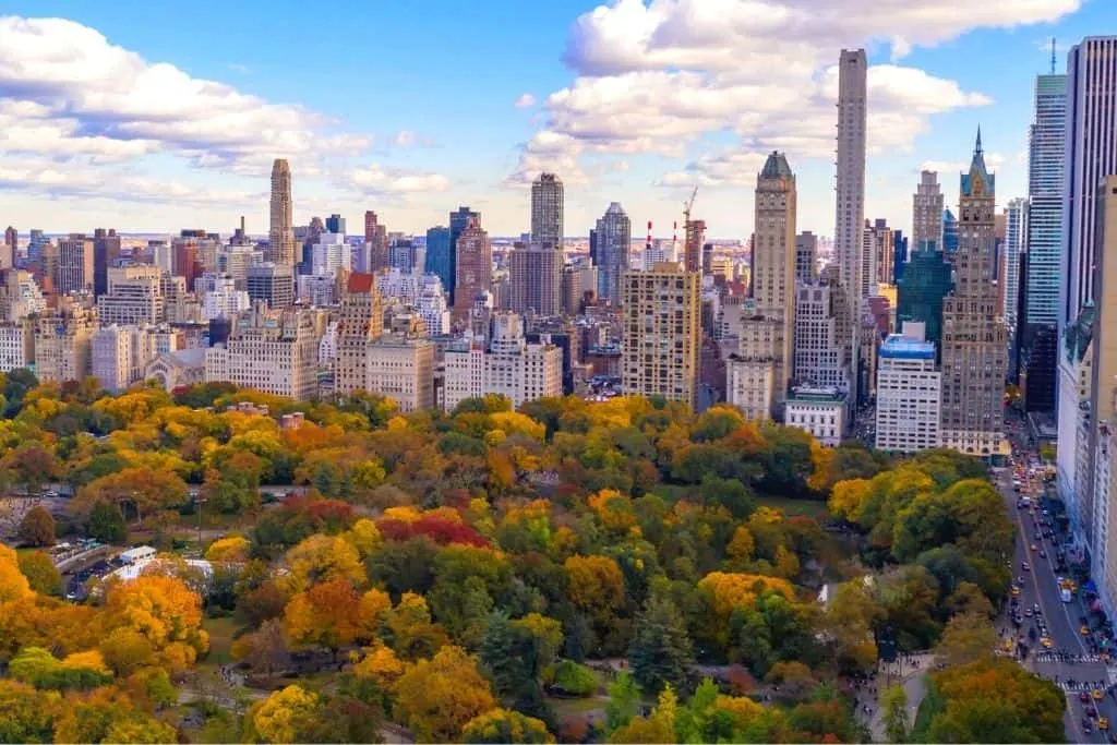 An aerial view of Central Park and fall in nyc.