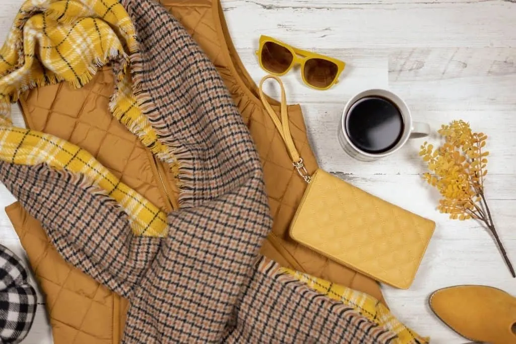 Yellow and brown plaid scarf, jacket, wallet and sunglasses which are perfect fall fashion and can be got at the budget shopping stores in NYC.