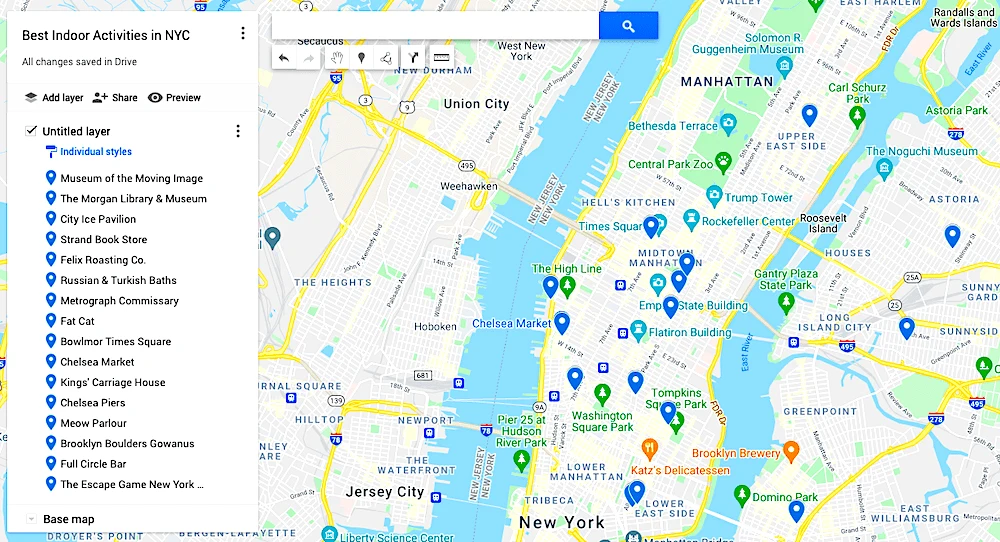 Map of the best indoor activities in NYC