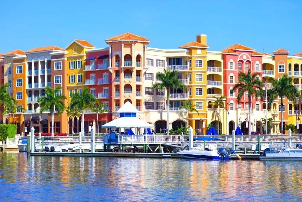 Colorful apartments on the water in Naples, Florida.