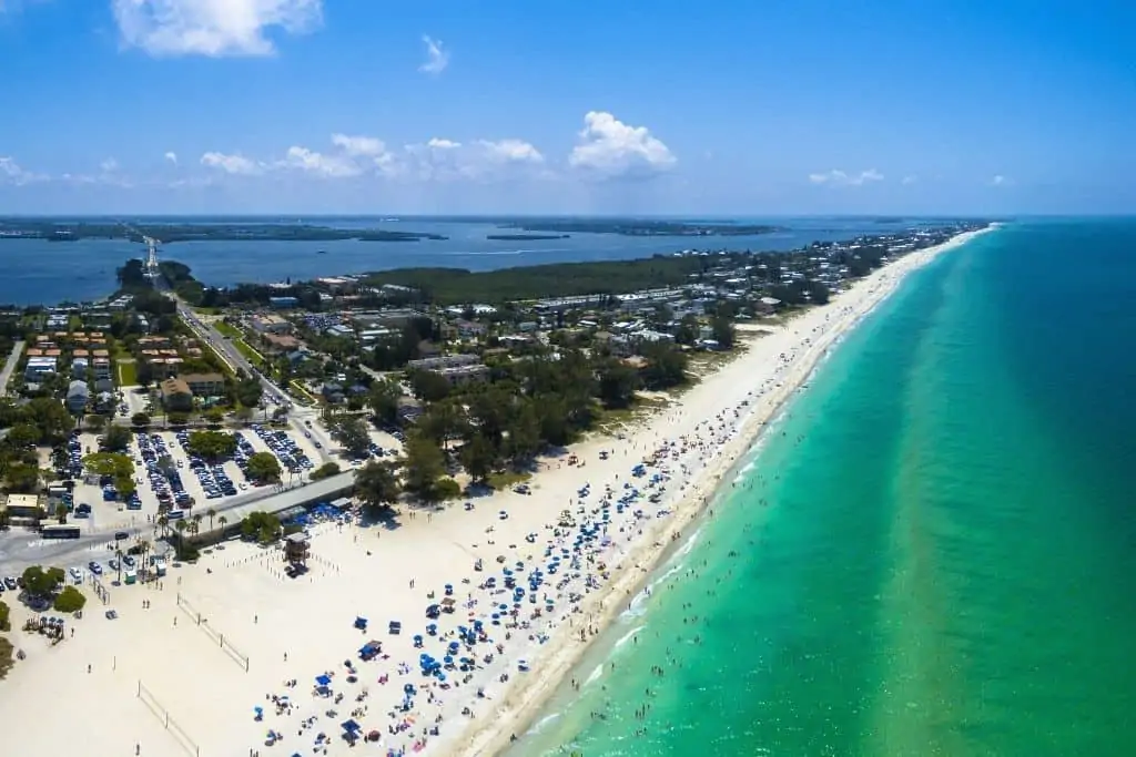 Aerial view of the beaches on Anna Maria island in Florida. 
