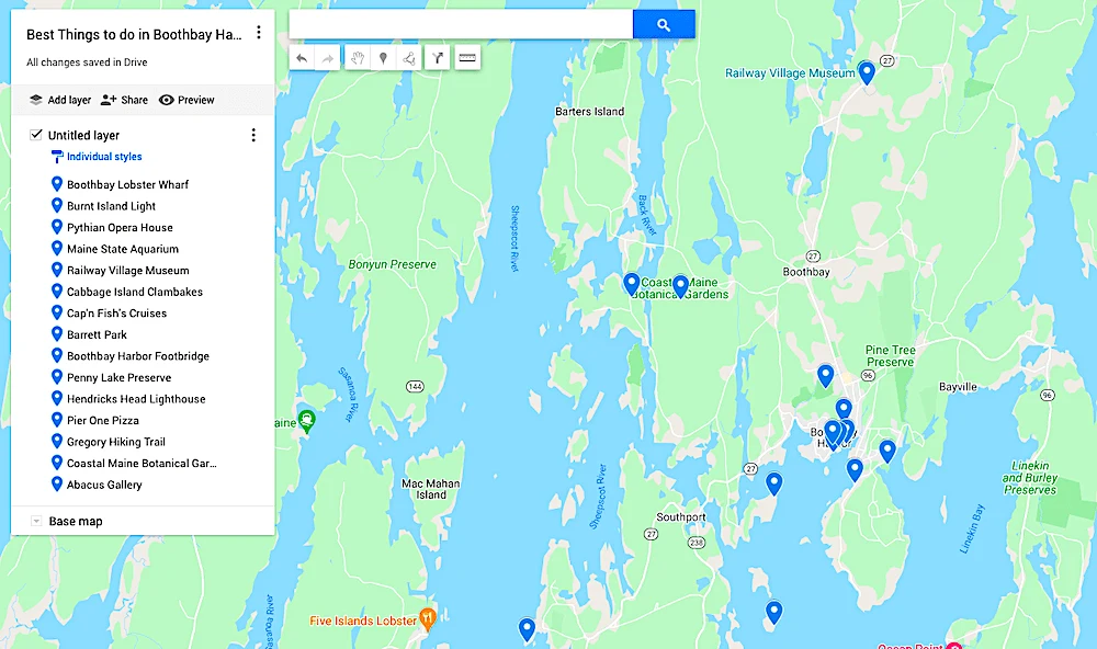 Map of the best things to do in Boothbay Harbor, Maine. 