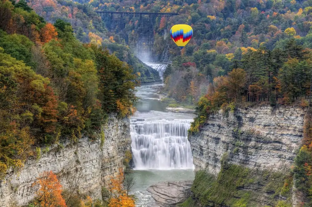 Hot Air Balloon Over The Middle Falls At Letchworth State Park In New York
