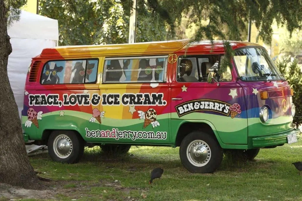 Rainbow colored Ben and Jerry's Van