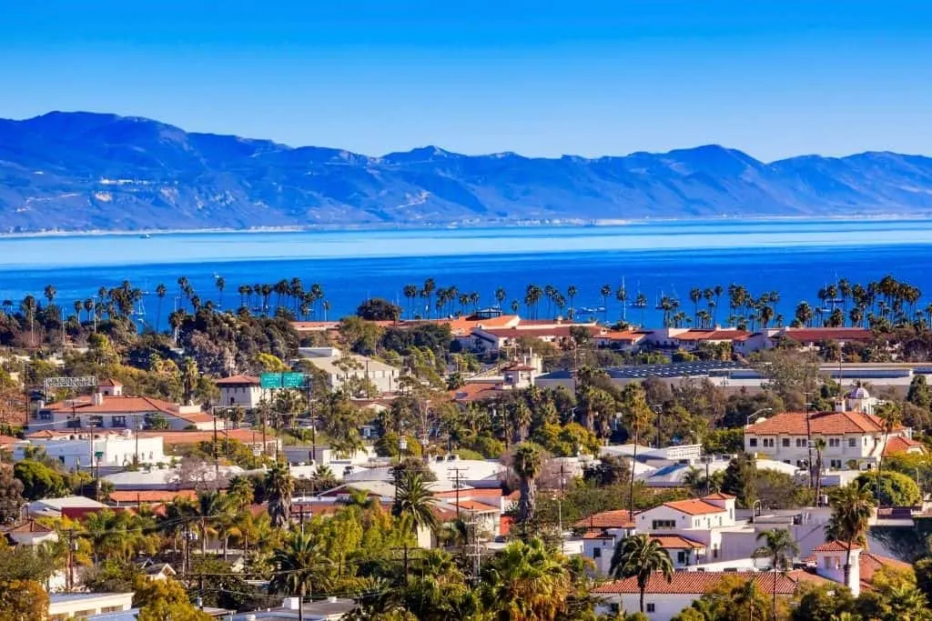 Aerial view of buildings along the coast in Santa Barbara, California. 