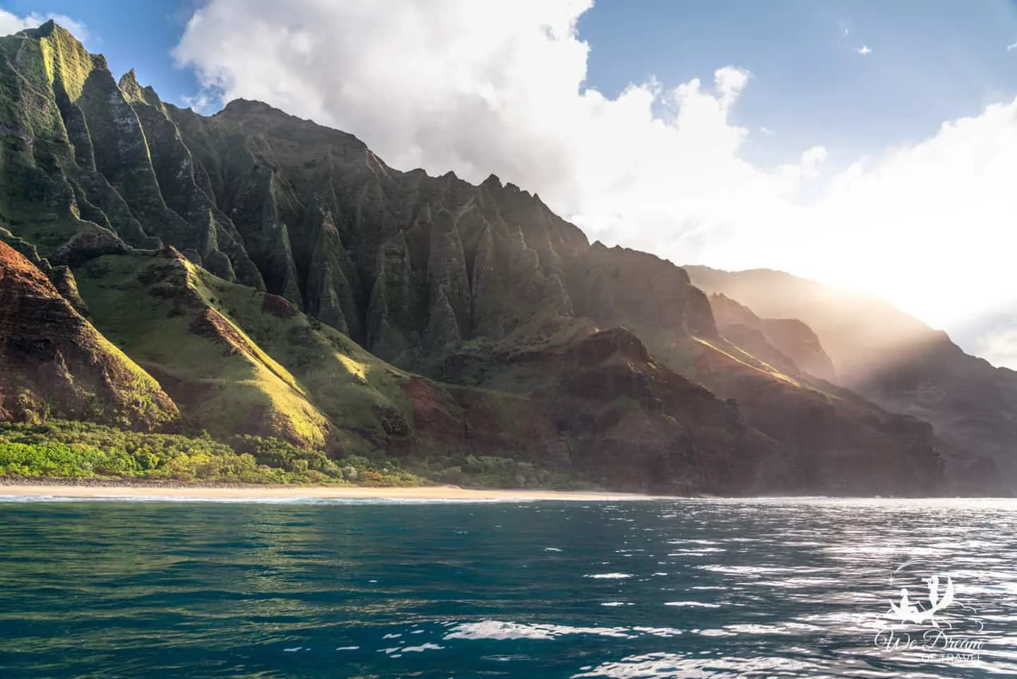 View of the Nepali Coast in Kauai from the water.