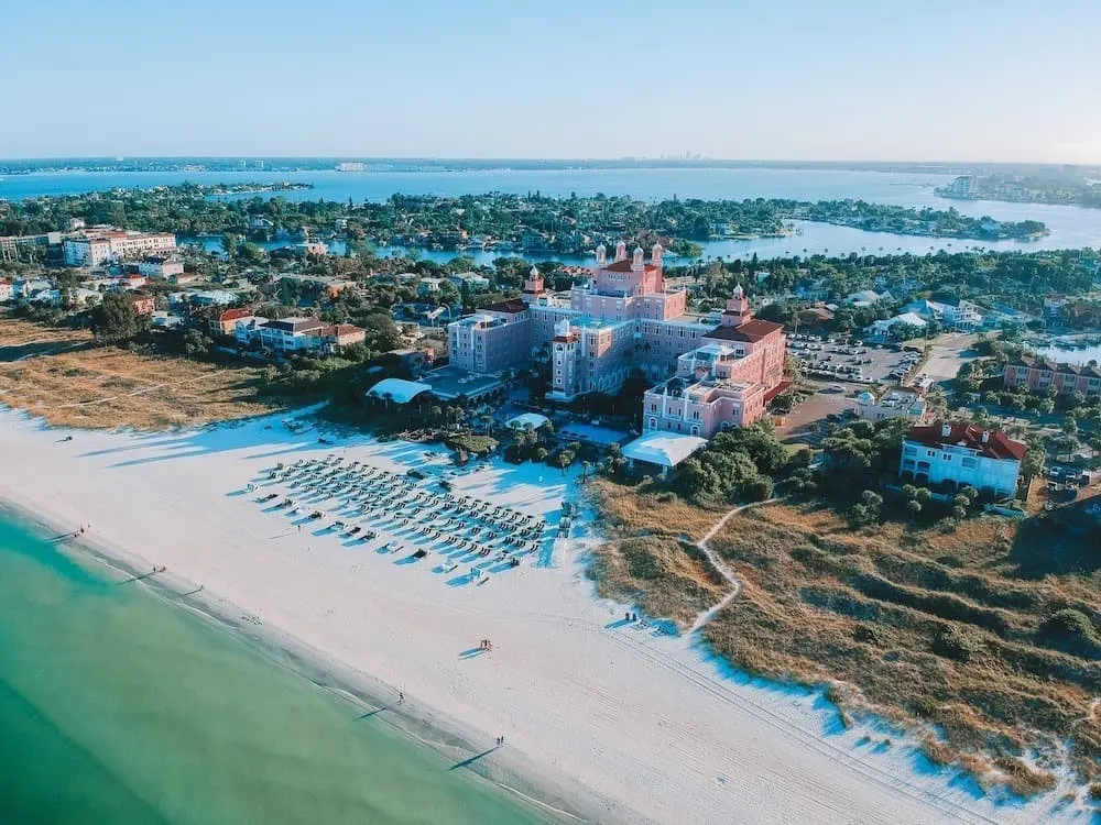 Aerial view of the Pink Palace or the DonCesar hotel in St. Petersburg, Florida. 