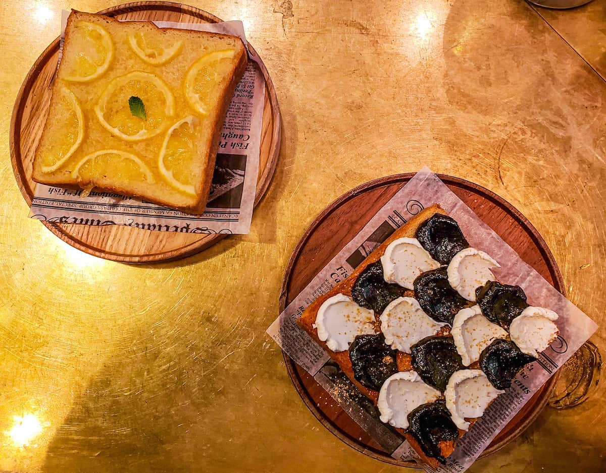 Honey lemon and black sesame and cream cheese toast from Davelle on the lower east side of NYC is one the unusual things to taste in NYC.
