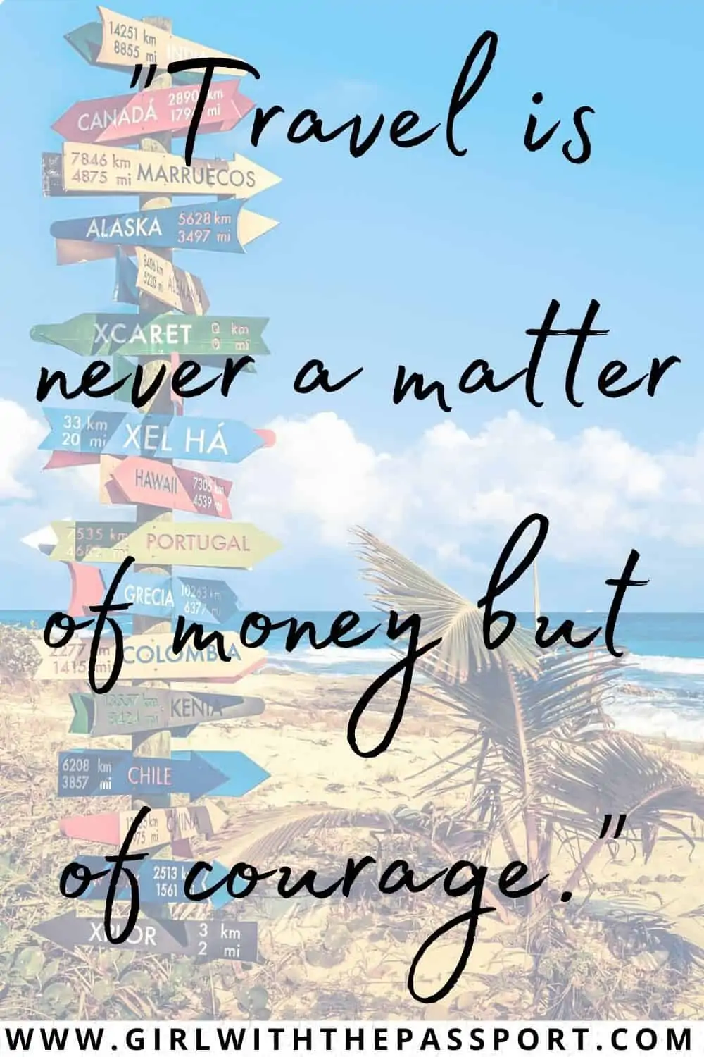 A post with signs pointing in all directions and an exploration quote saying 'Travel is never a matter of money but of courage.'