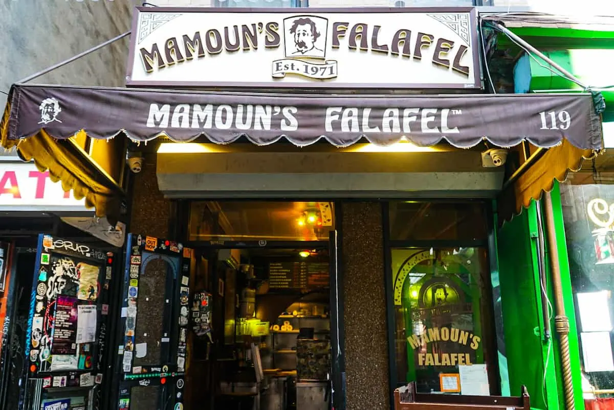 Exterior of Mamoun's Falafel on MacDougal Street in Greenwich Village.