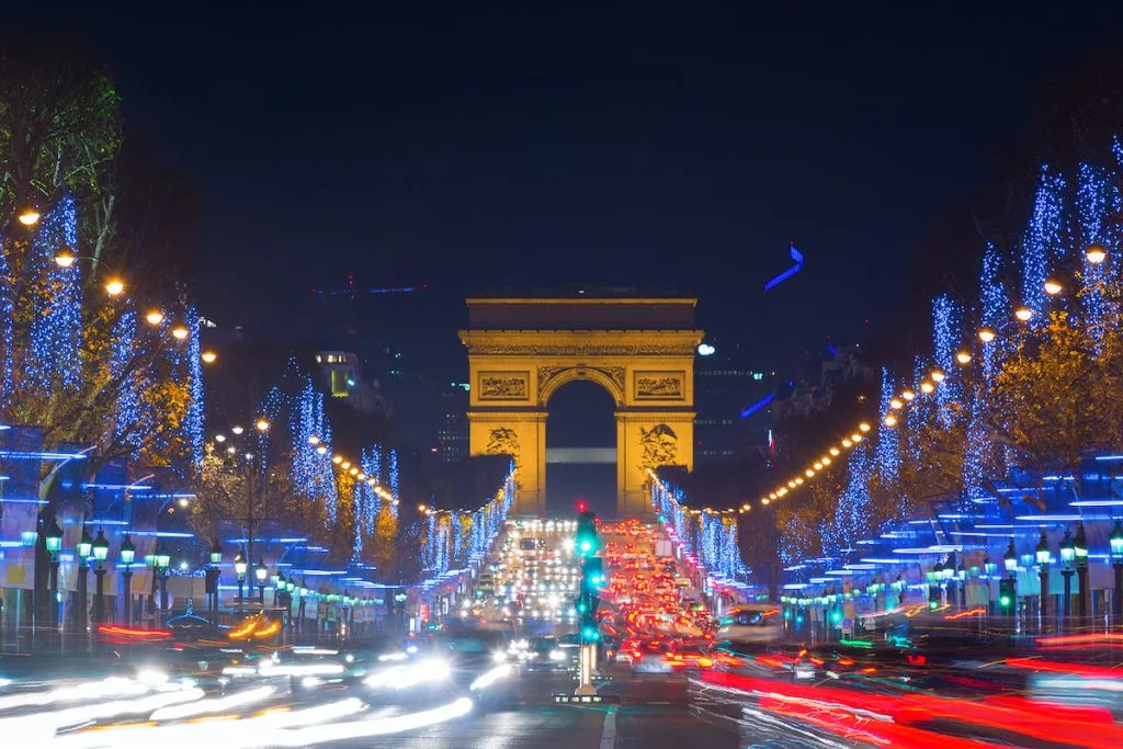 Christmas Lights on the Champs-Elysées leading up to the Arc de Triomphe.