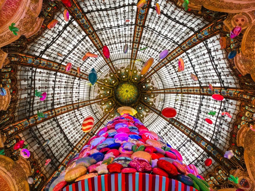 Vibrant decor inside the Galleries Lafayette in Paris