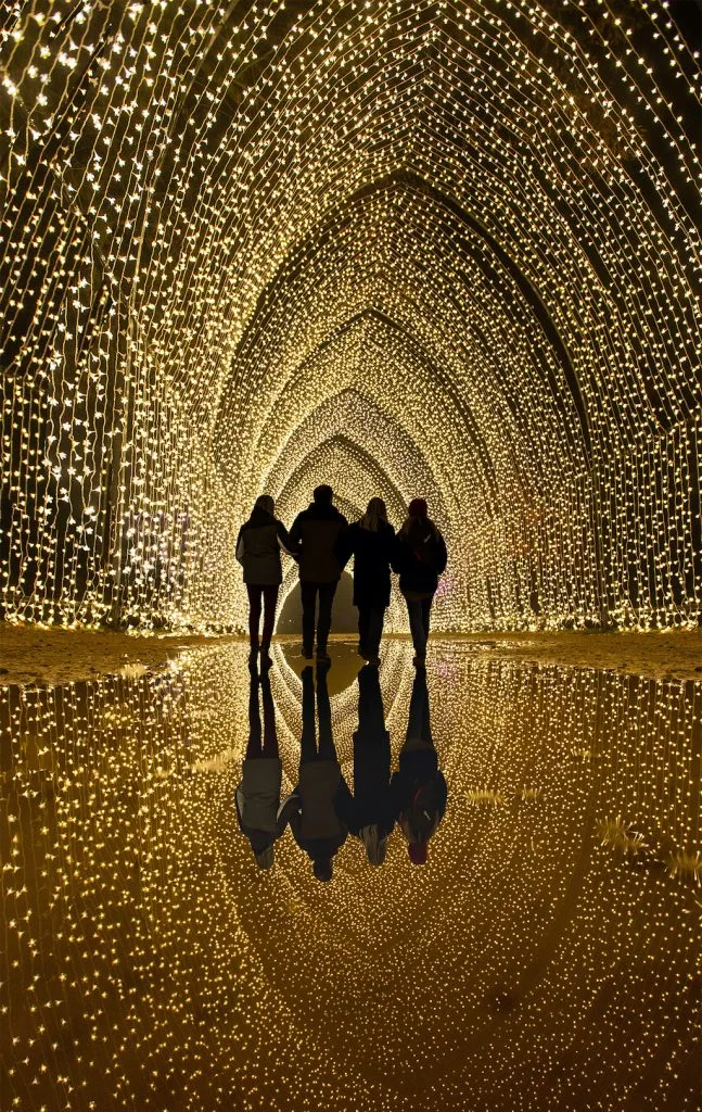Visitors walk through the Cathedral of Light at the Brooklyn Botanic Garden Lightscape experience. 