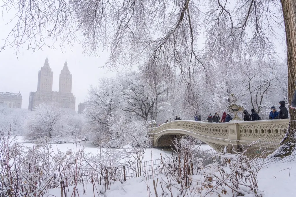 Central Park covered in snow over Christmas in New York City. 