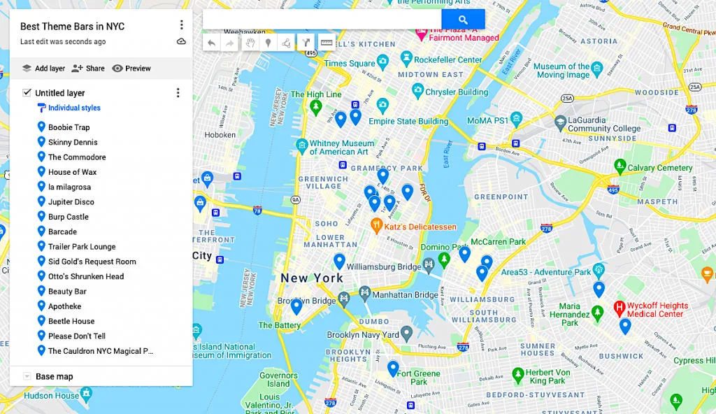 Map of the best theme bars in NYC.