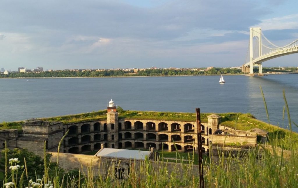 View of Fort Wadsworth and the Verrazano-Narrows Bridge at one of the top beaches in staten island. 