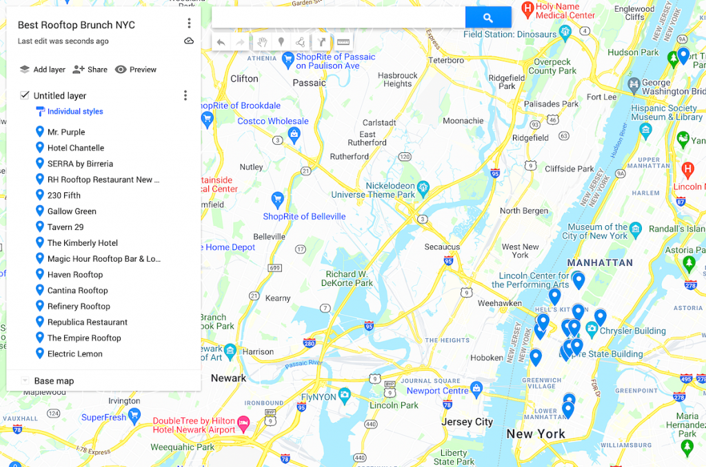 Map of Best Rooftop Brunch NYC. 