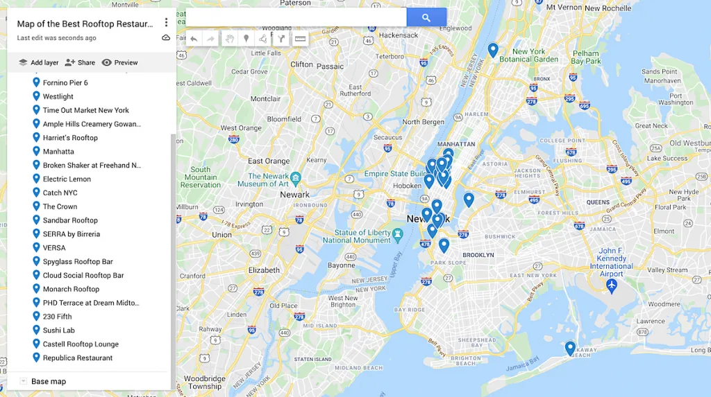 Map of the best Rooftop restaurants NYC