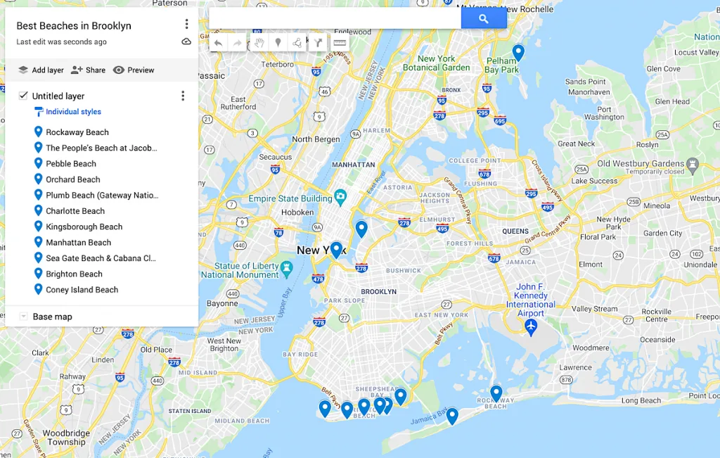 Map of the best beaches in Brooklyn.