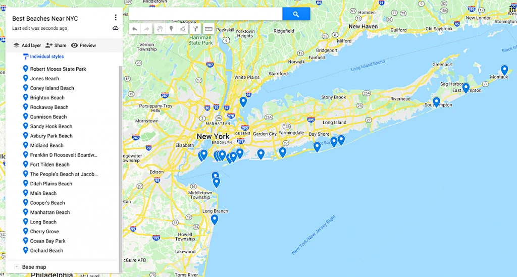 Map of the best beaches near NYC. 