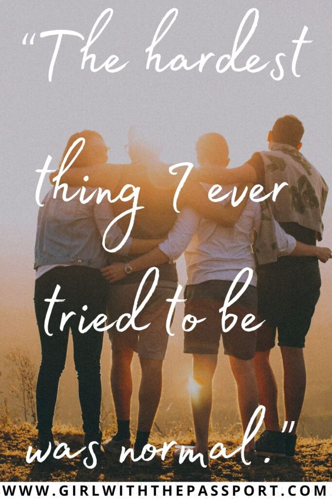 Four people hugging and watching the setting sun with a cool WhatsApp Bio Quote that says 'The hardest thing I ever tried to be was normal'.