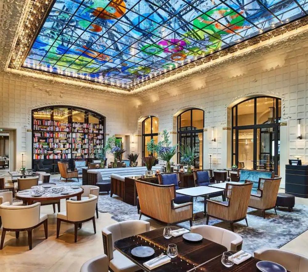 The stunning stained glass ceiling of the Saint Germain cafe in Hotel Lutetia. 