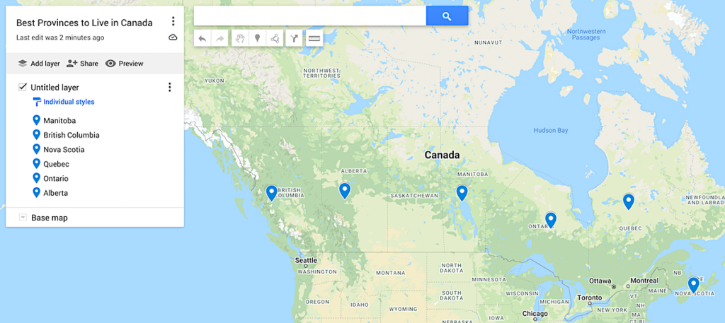 Map of the best provinces to live in Canada.