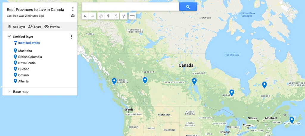 Map of the best provinces to live in Canada. 