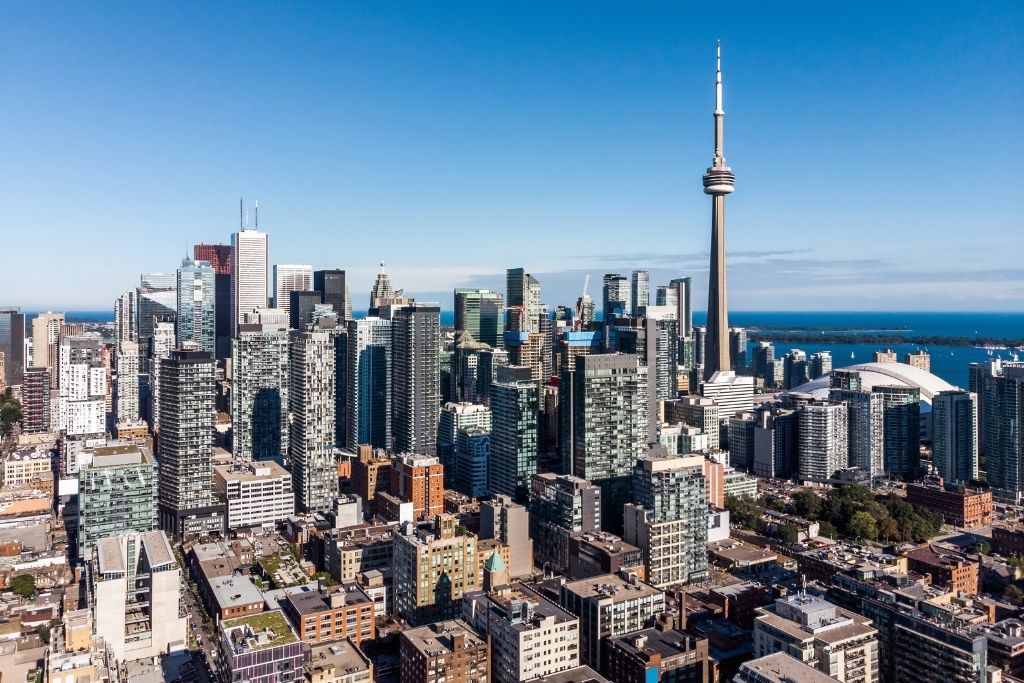 Aerial view of Toronto and the needle, one of the best cities to live in Canada. 