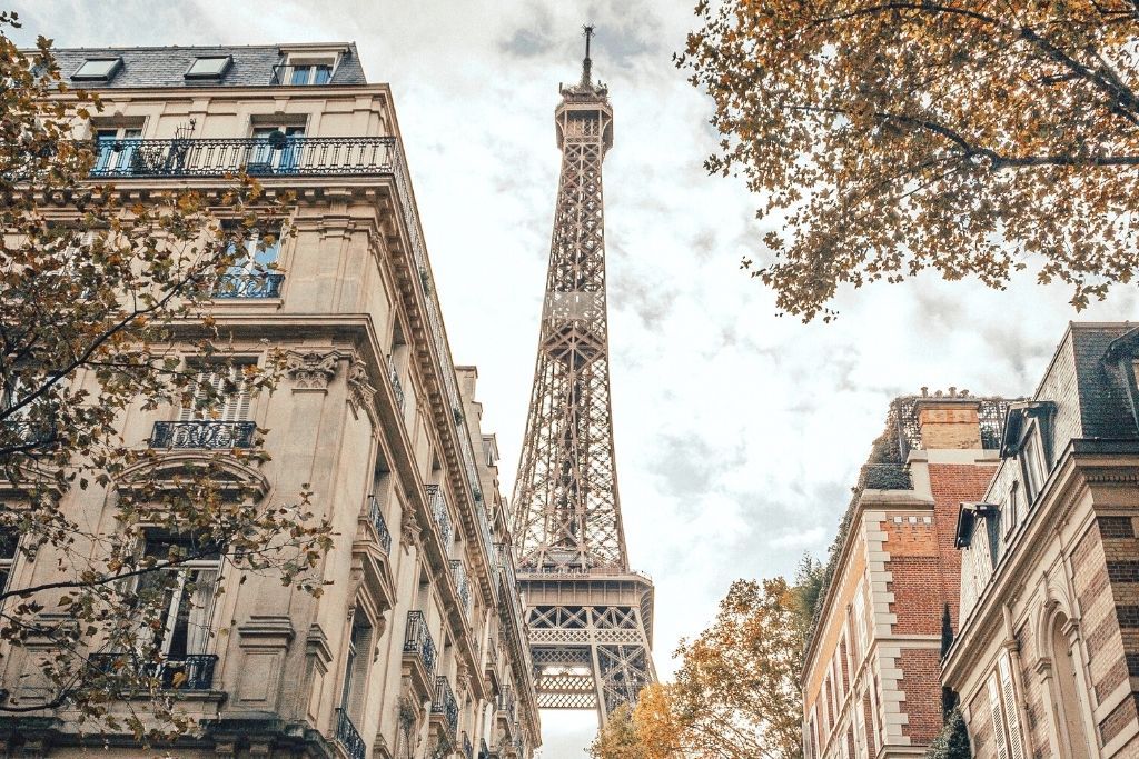 View of the Eiffel Tower from one of the most beautiful streets in paris, avenue rapp