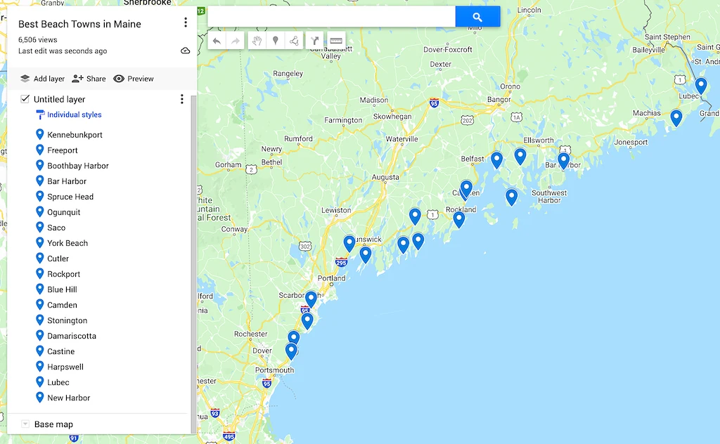 Map of the best beach towns in Maine. 