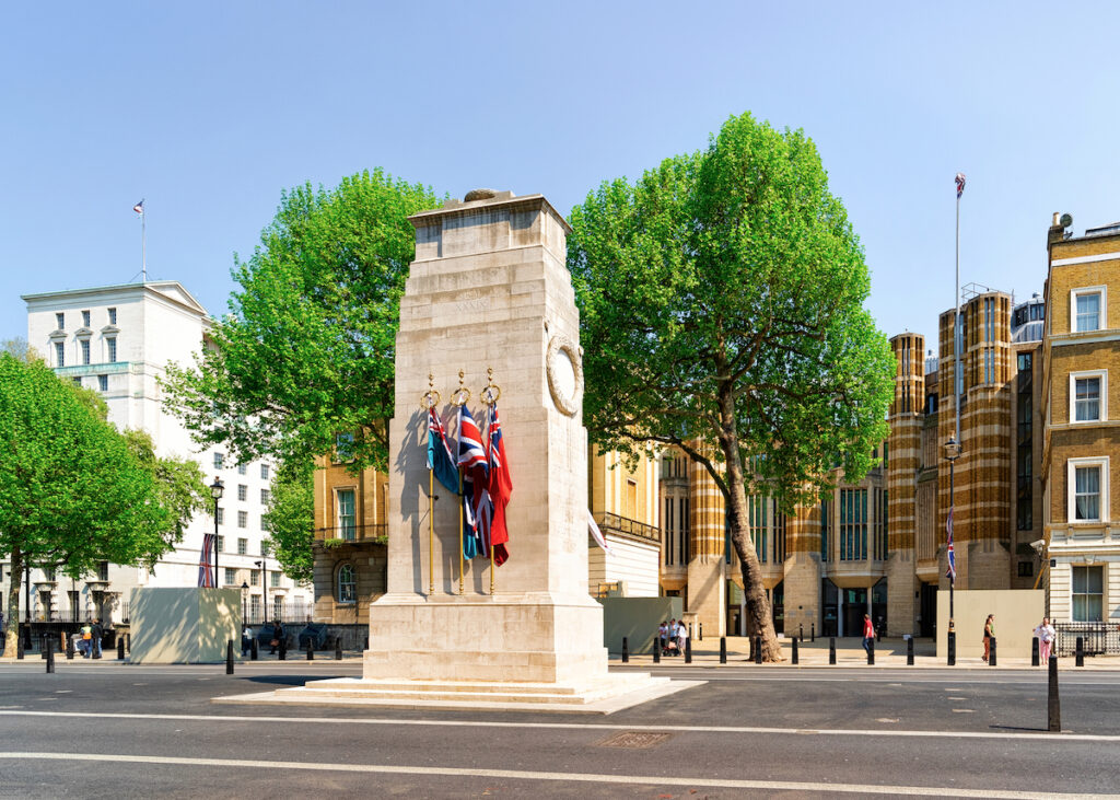 Cenotaph War Memorial on Whitehall, one of the most famous roads in London. 