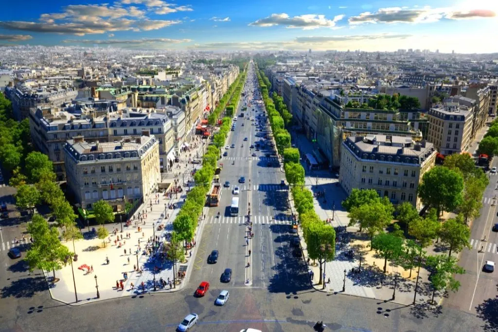 One of the most famous streets is the Champs Elysees and this an aerial view from the arc de triomphe. 