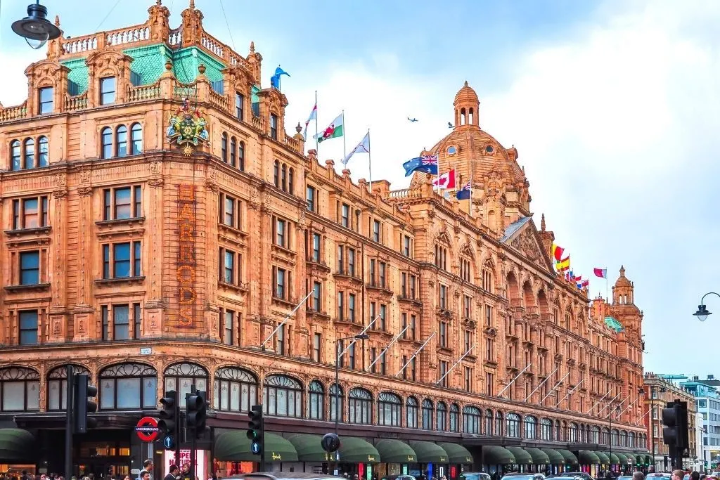 The exterior of Harrods on Brompton Road in London. One of the most famous shopping streets in London. 