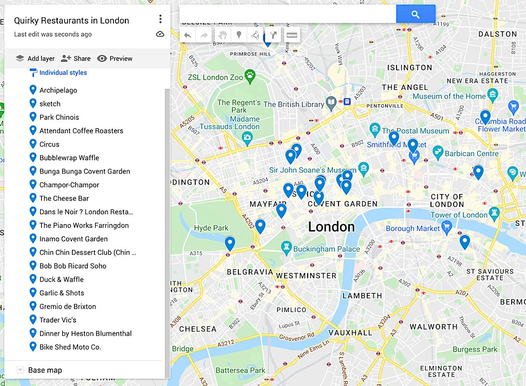 Map of quirky restaurants in London